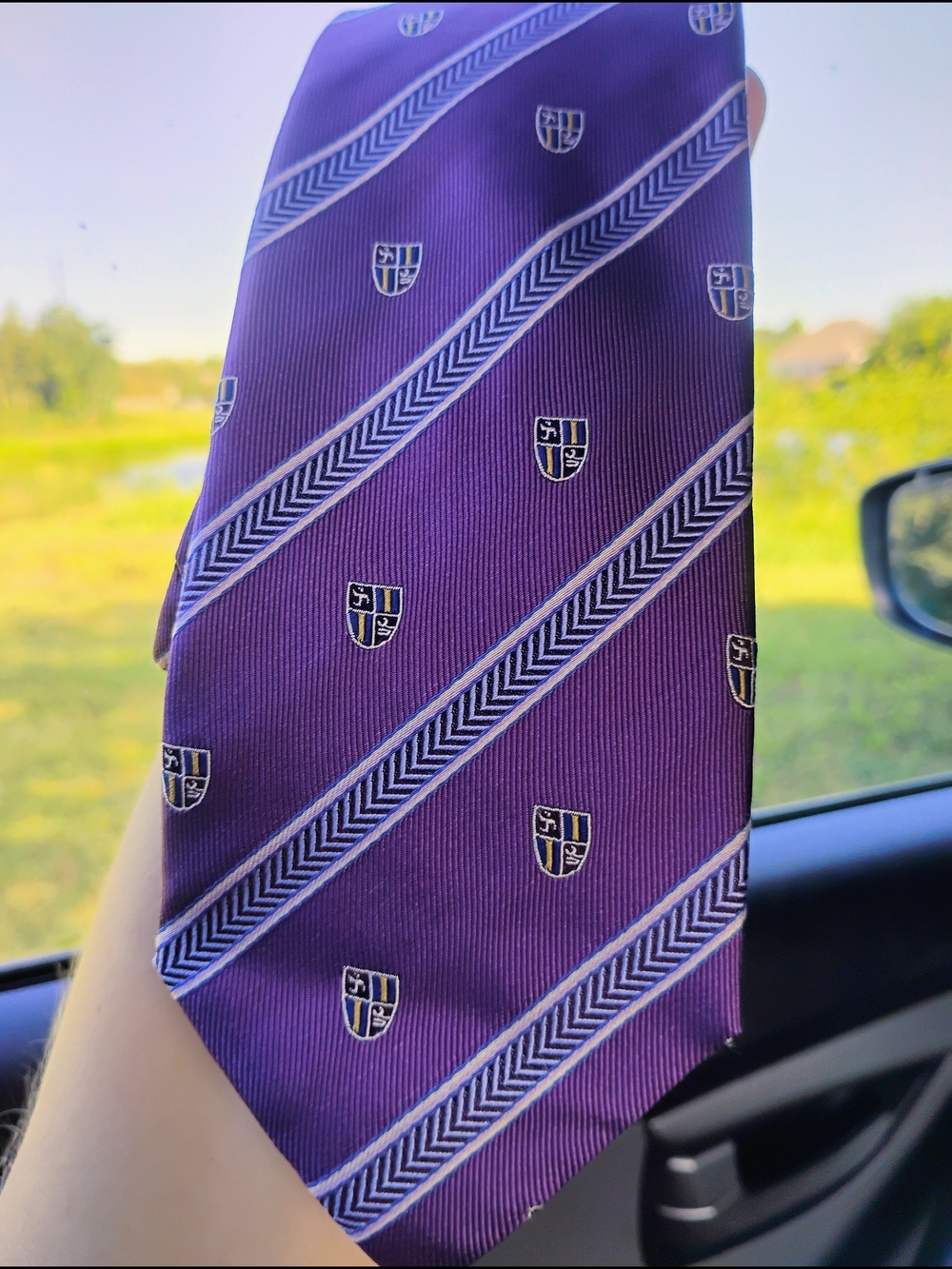 Men's Purple Shield Crest Stripe Tie — Classic Formal Accessory